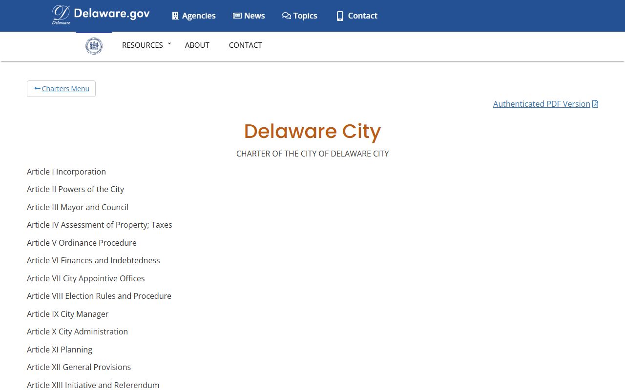 Delaware City charter establishing municipal corporation for Delaware City