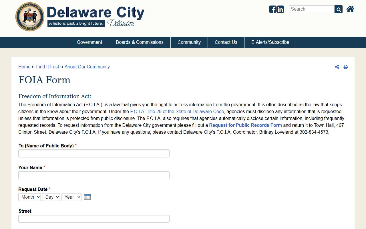 Delaware City Freedom of Information Act request form for Delaware City death records