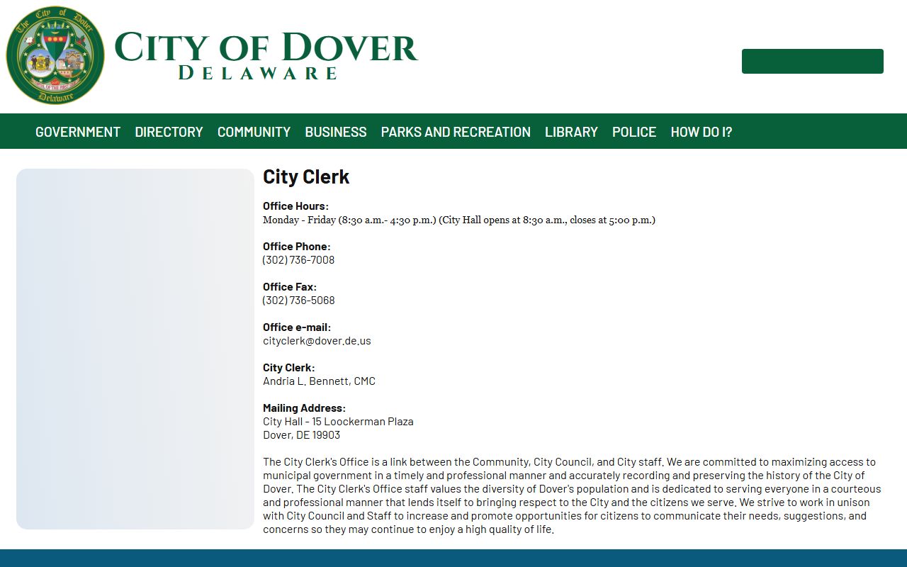 City of Dover City Clerk Office for Dover death records related public records