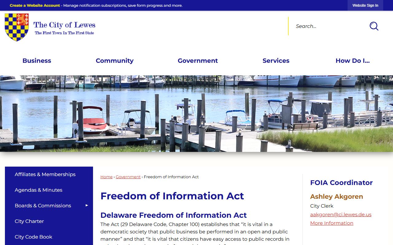 City of Lewes FOIA request portal for Lewes death records and city records