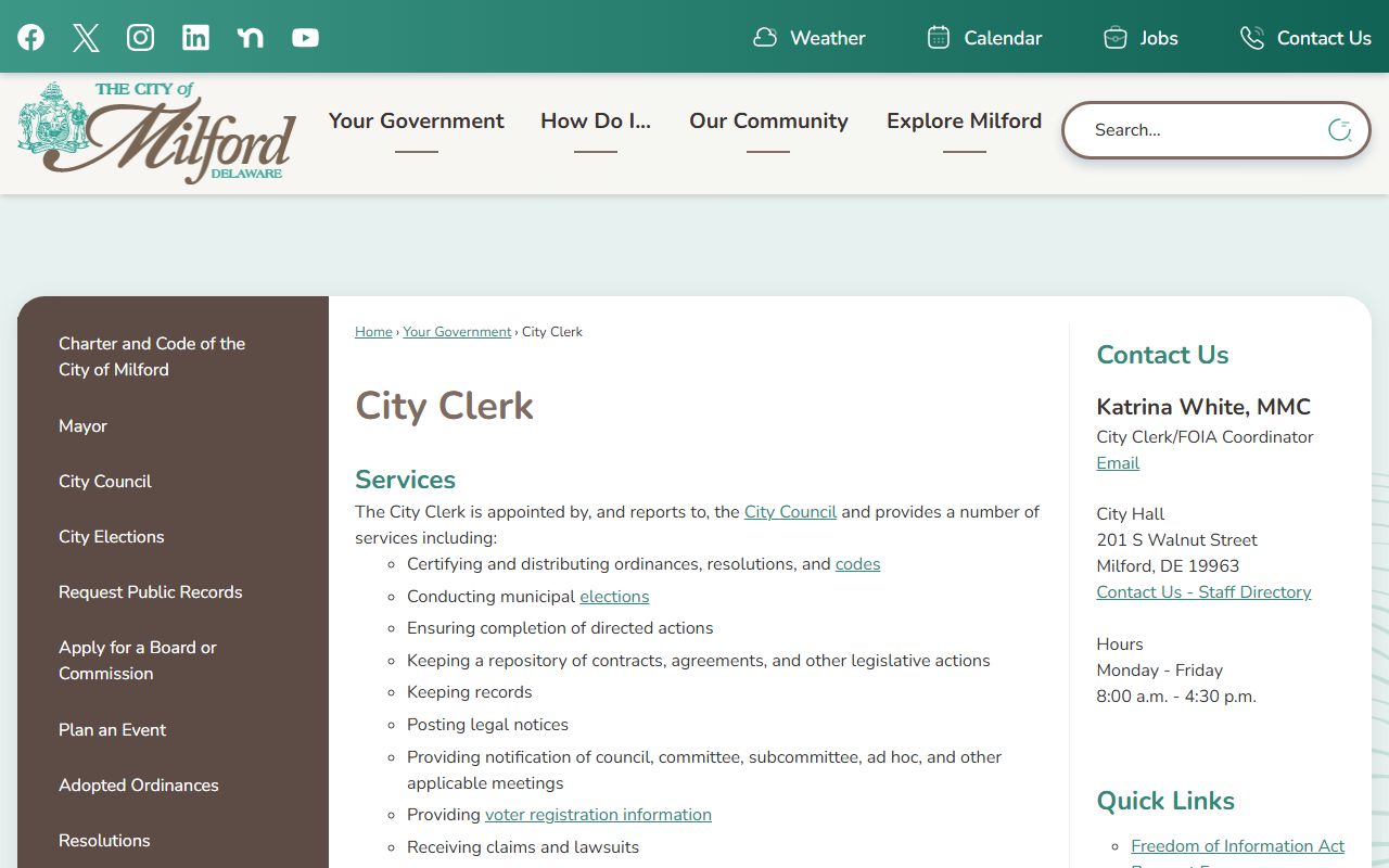 City of Milford City Clerk FOIA office for Milford death records