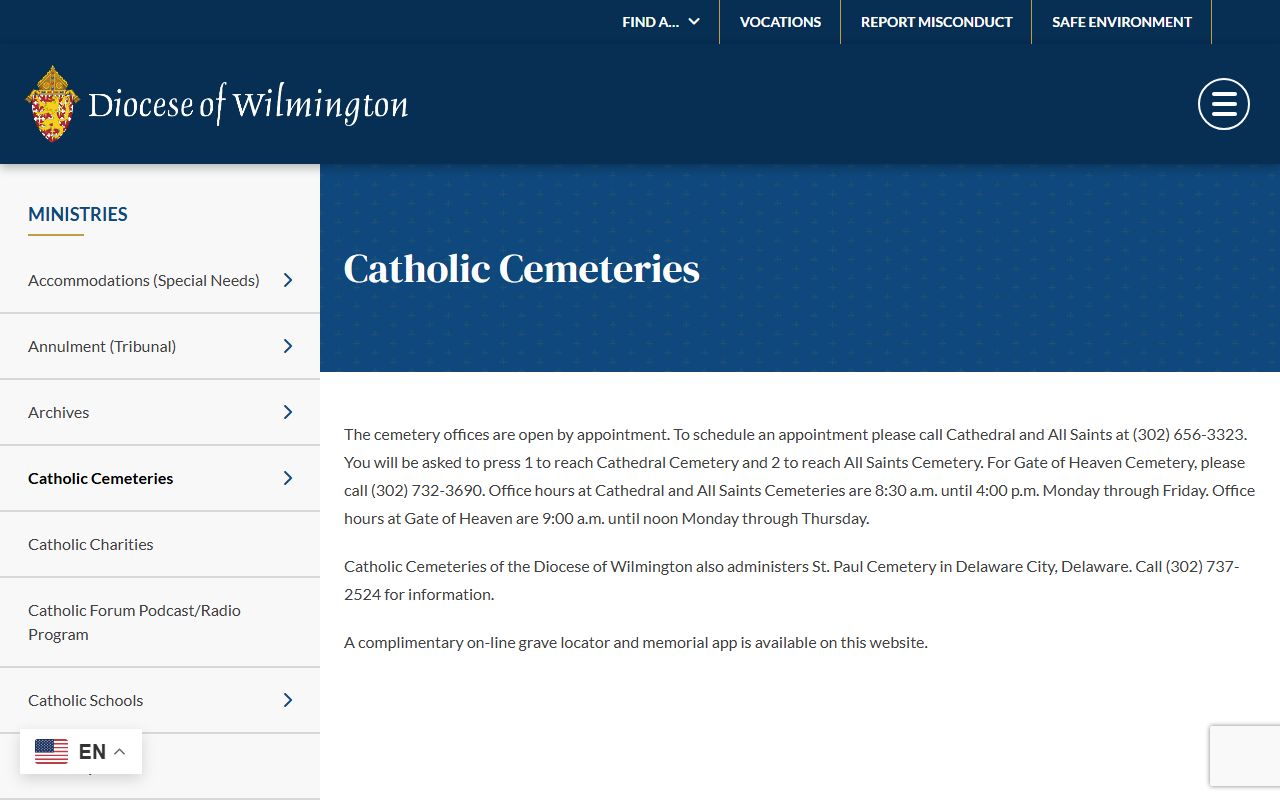 Catholic Cemeteries Diocese of Wilmington burial database for Wilmington death records