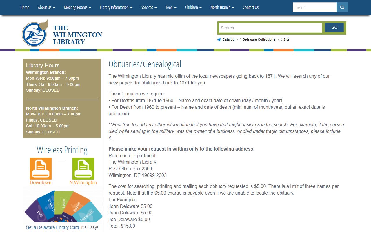Wilmington Public Library obituary and genealogical services for Wilmington death records