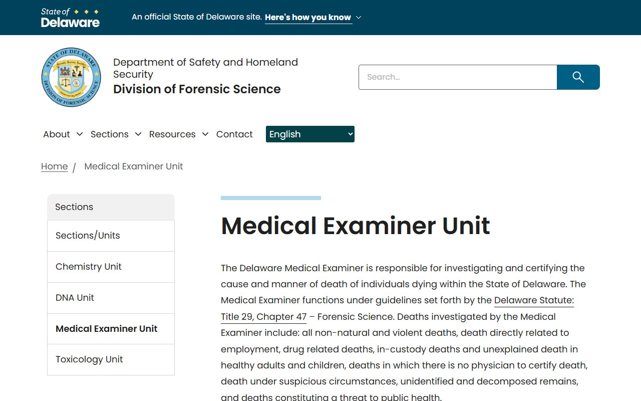 Delaware Division of Forensic Science Medical Examiner Unit for Kent County death records