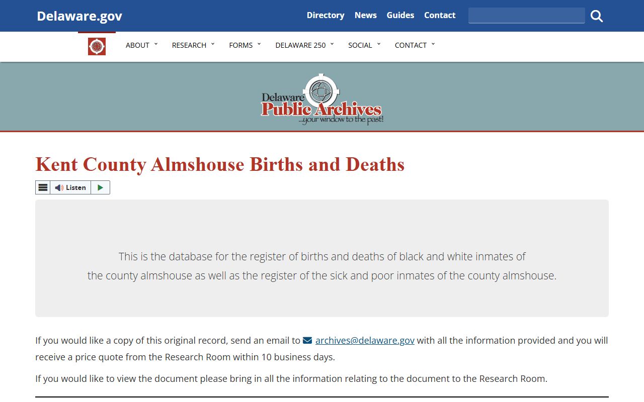 Delaware Public Archives Kent County Almshouse death records database