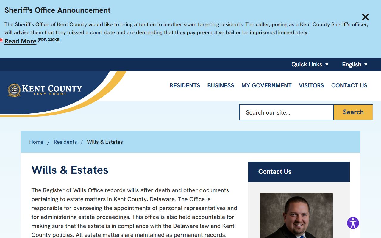 Kent County Register of Wills office for estate and probate records in Dover