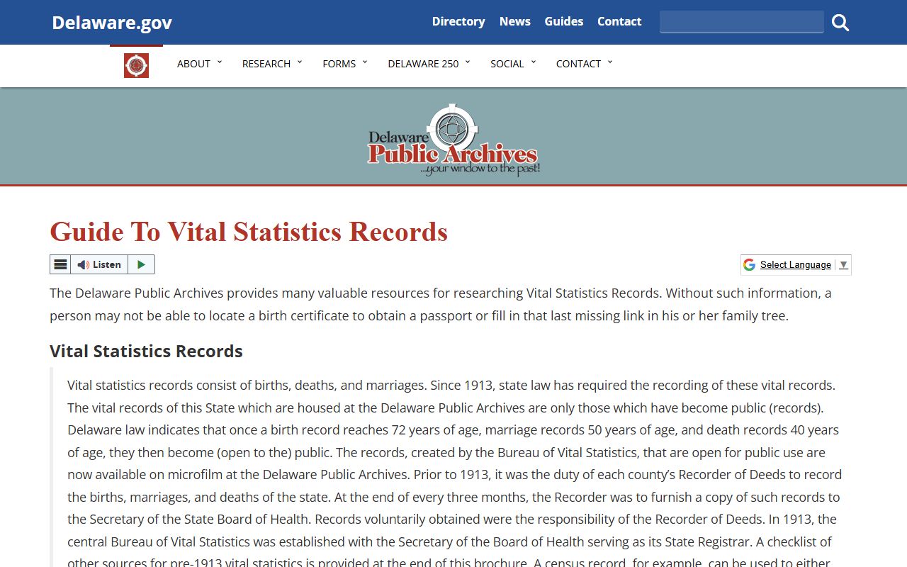 Delaware Public Archives guide to vital statistics records for New Castle County death records