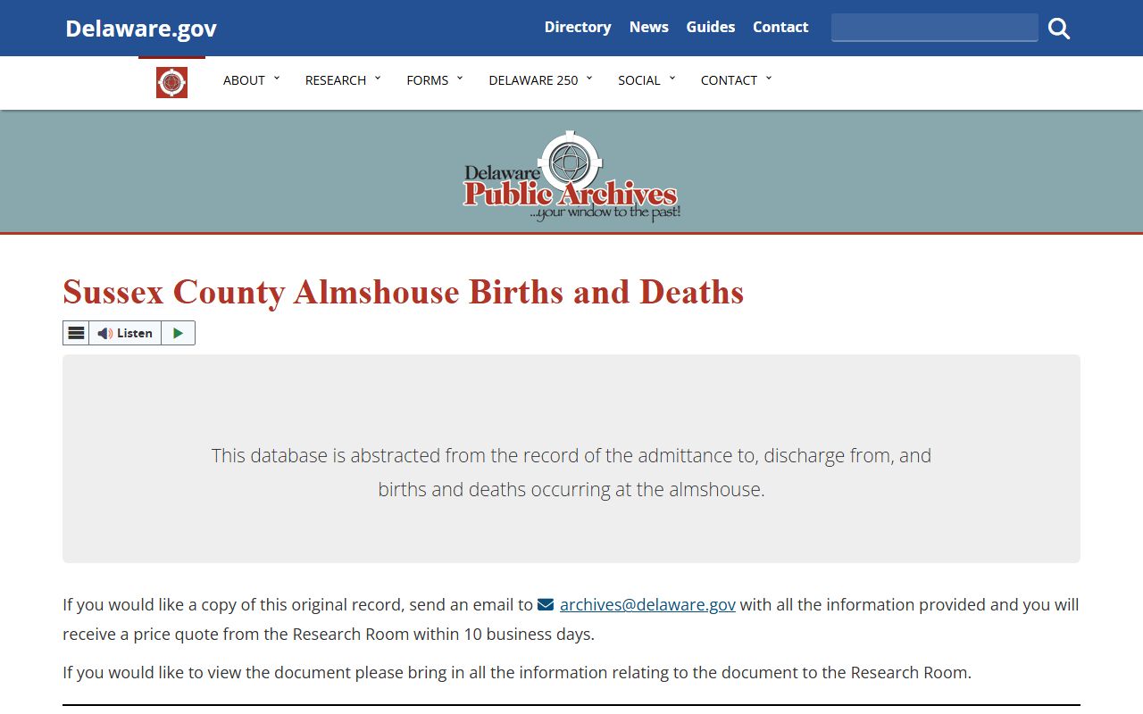 Delaware Public Archives Sussex County Almshouse births and deaths database