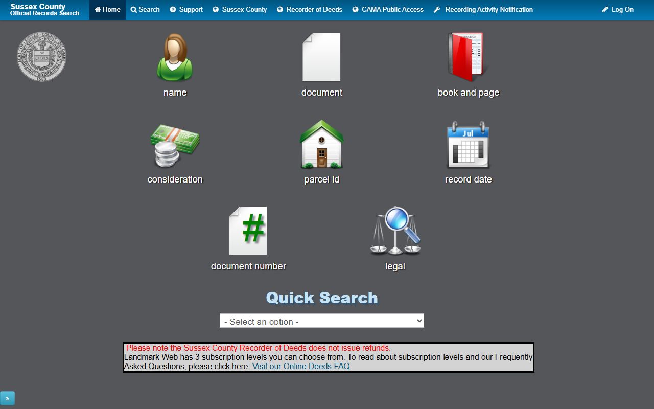 Sussex County Recorder of Deeds Landmark Web records search for death related property