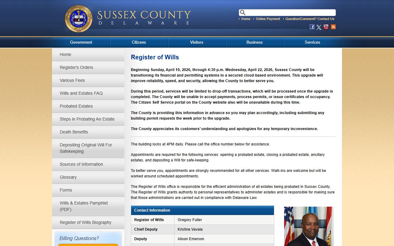 Sussex County Register of Wills official office for estate and probate records