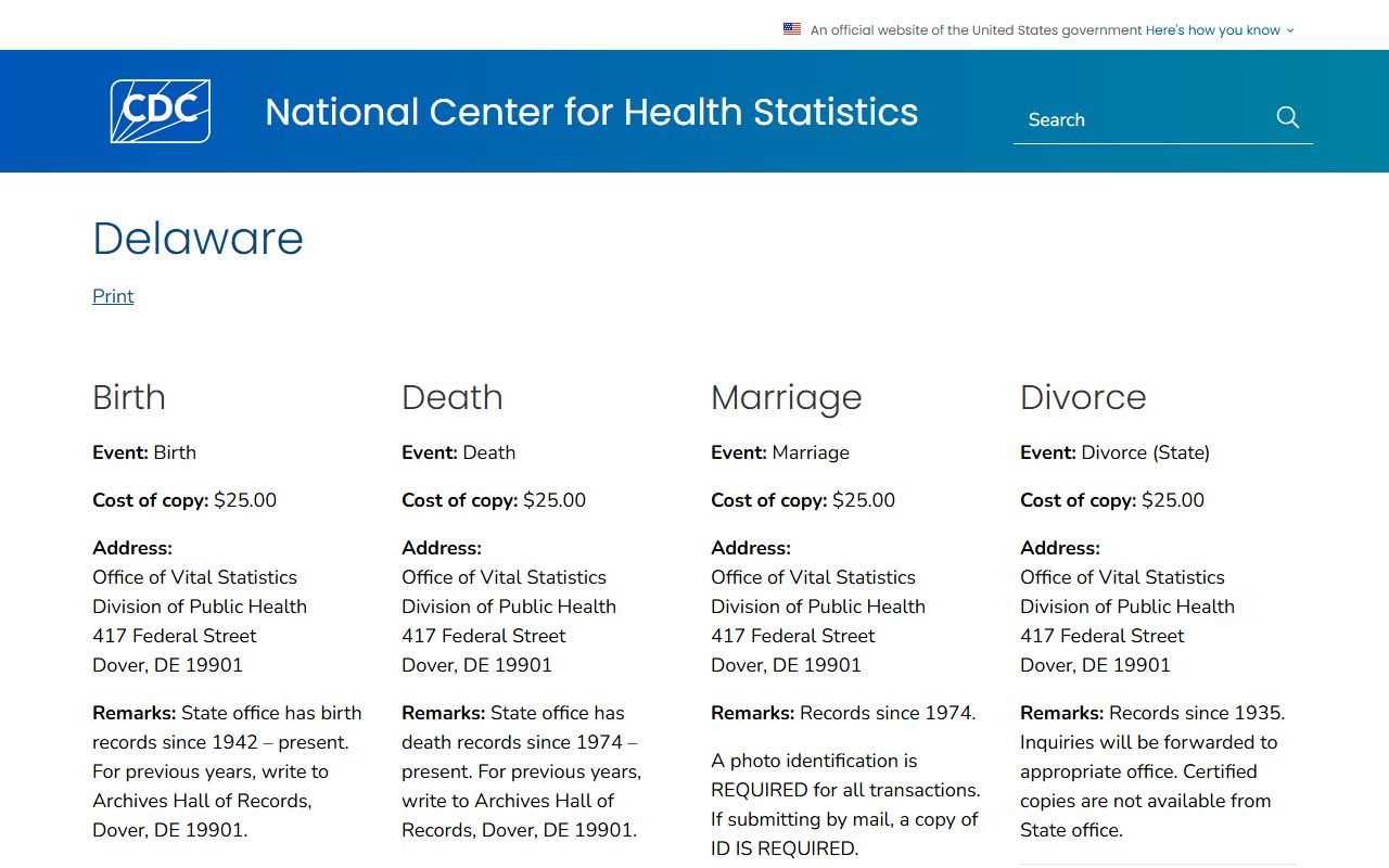CDC where to write for Delaware death records