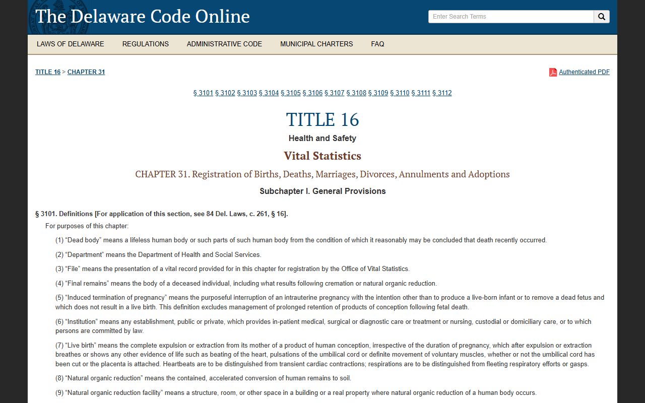Delaware Code Title 16 Chapter 31 vital statistics Delaware death records