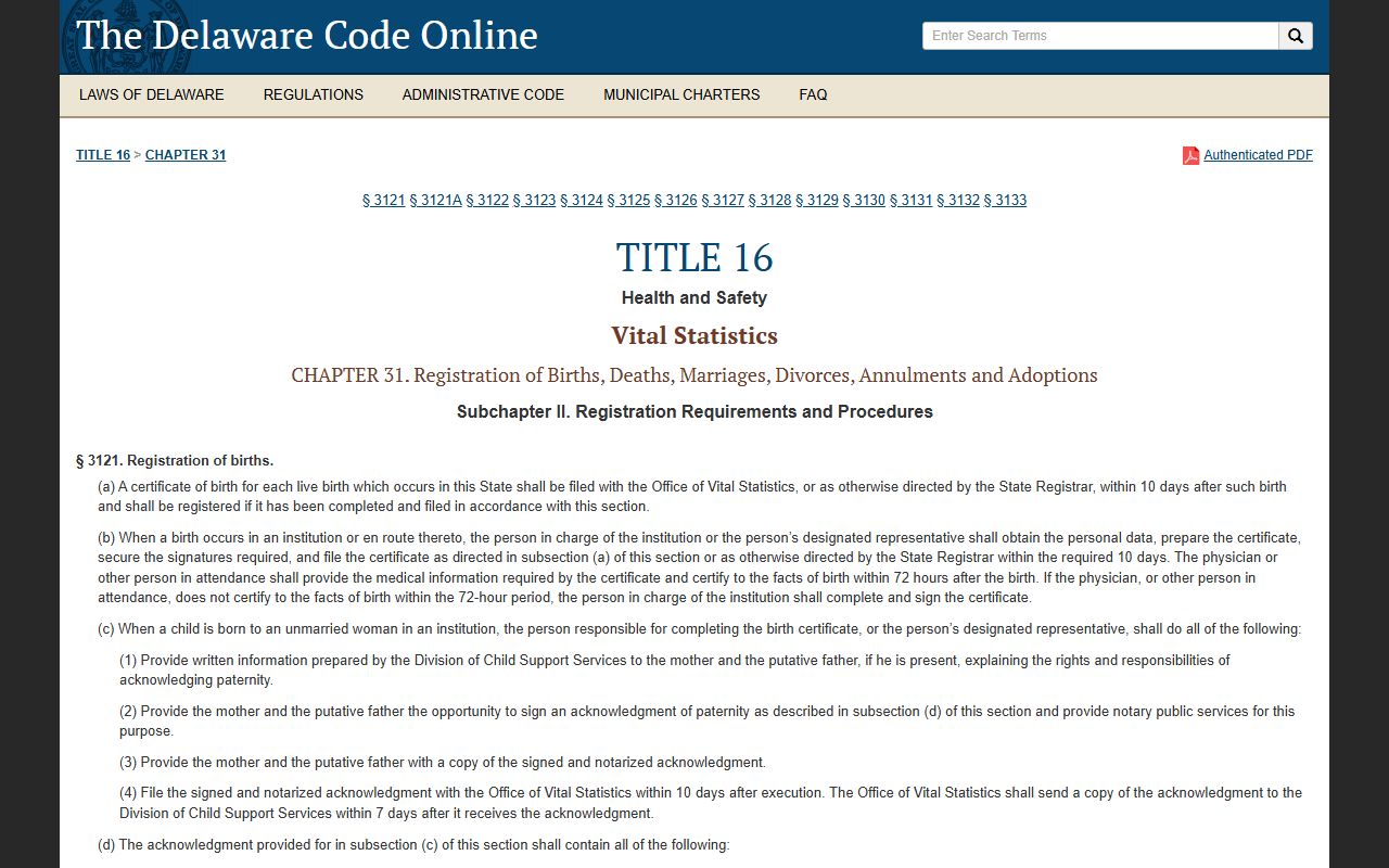 Delaware Code registration of deaths Section 3123 death records law