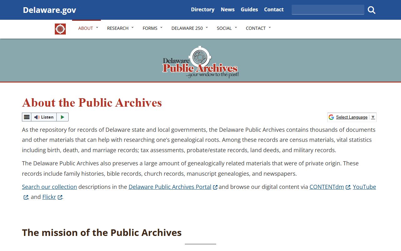 Delaware Public Archives about page for Delaware death records