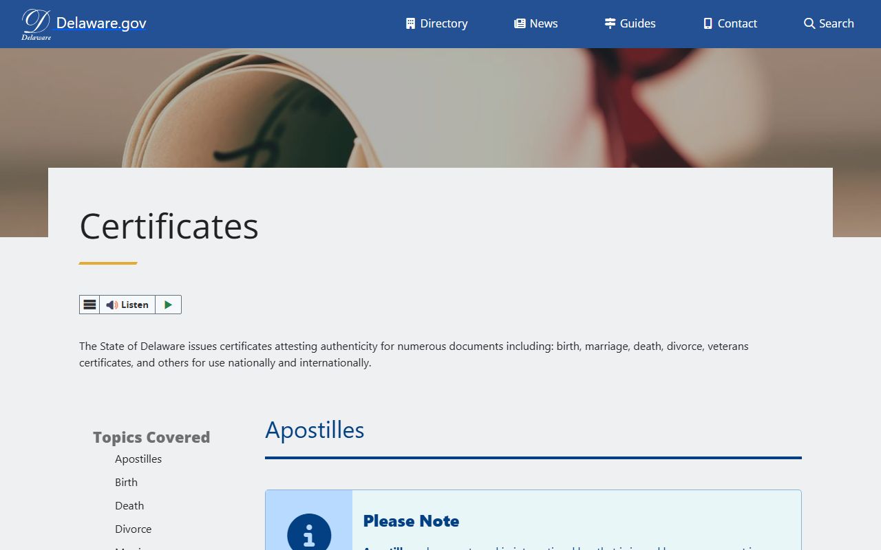 Delaware.gov certificates guide for Delaware death records