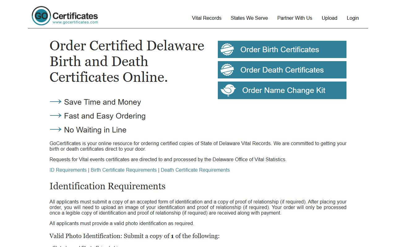 GoCertificates Delaware death records online vendor