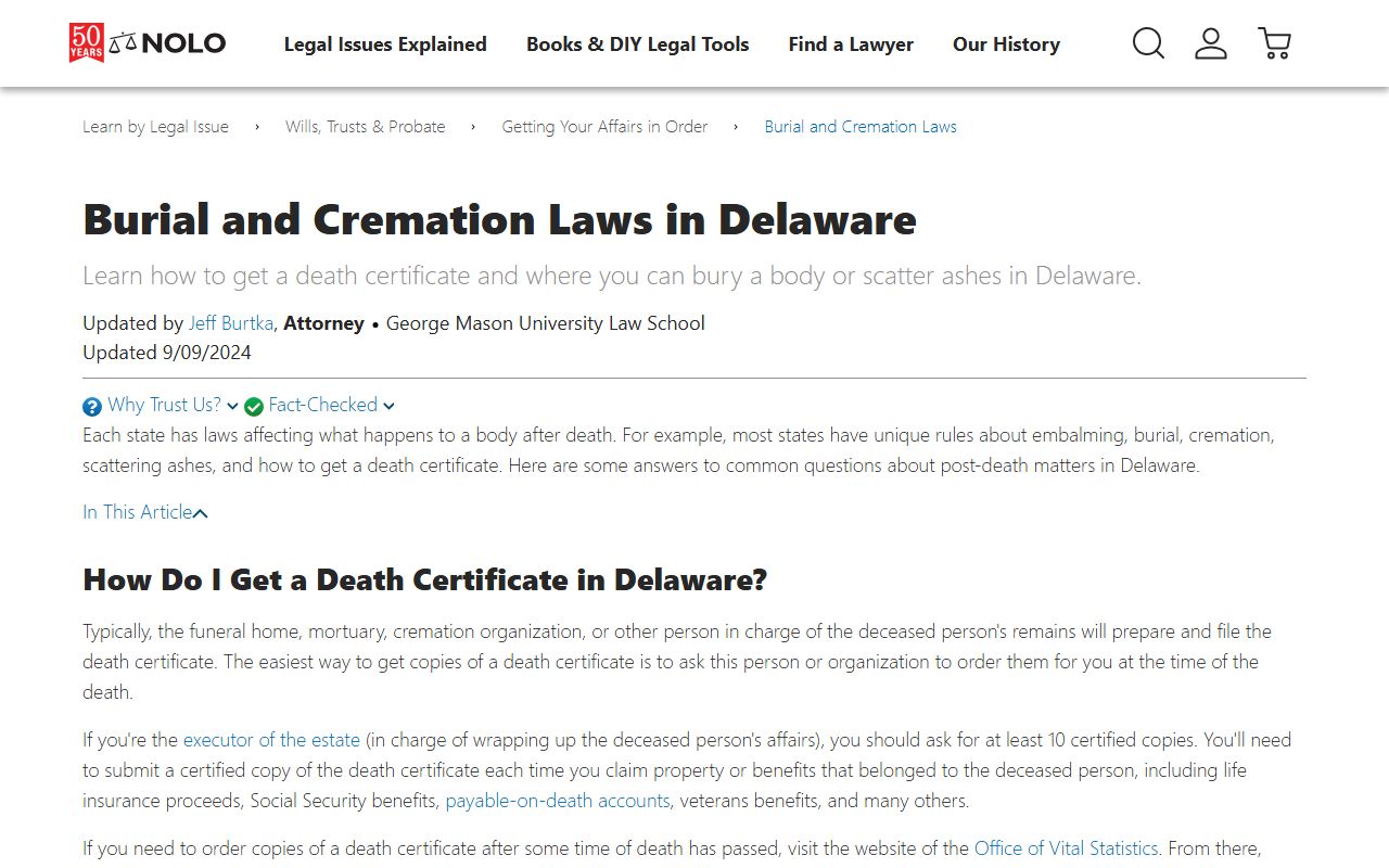 Nolo Delaware burial cremation death records guide