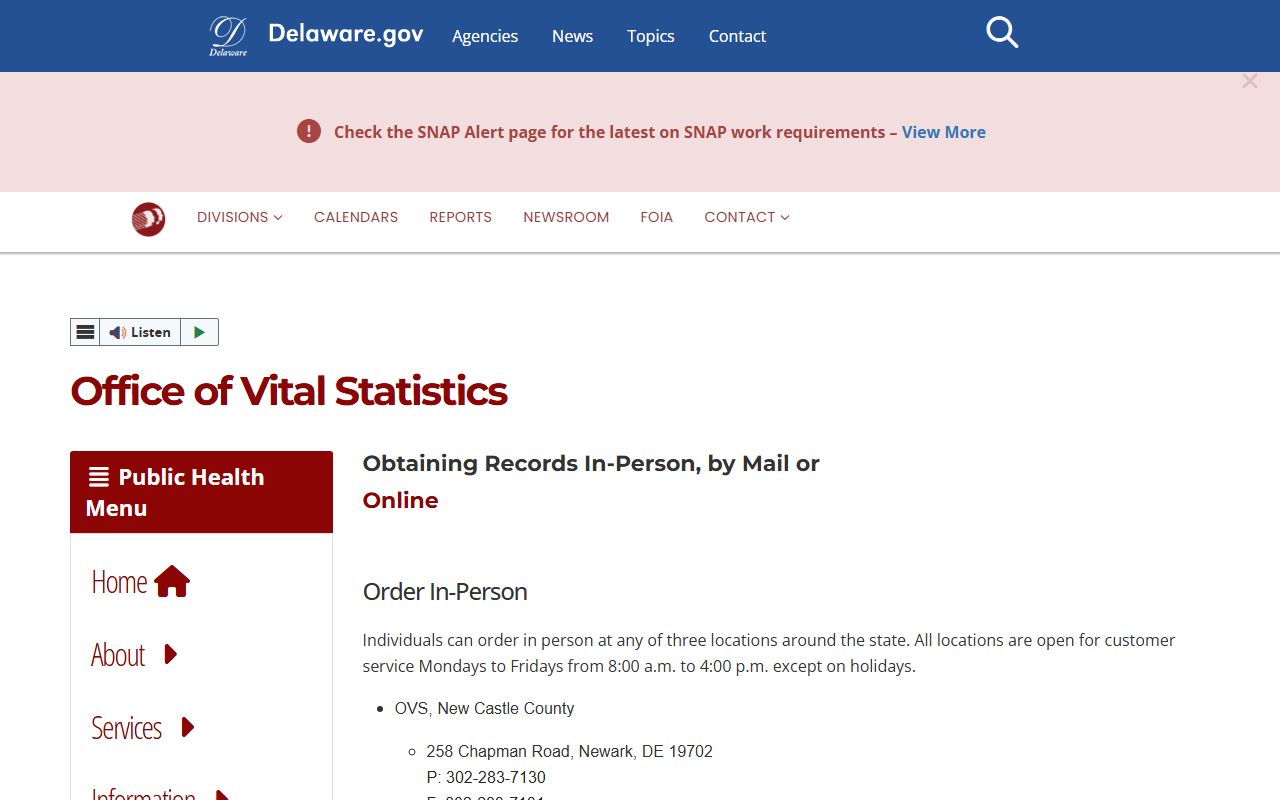 Delaware Office of Vital Statistics Delaware death records portal