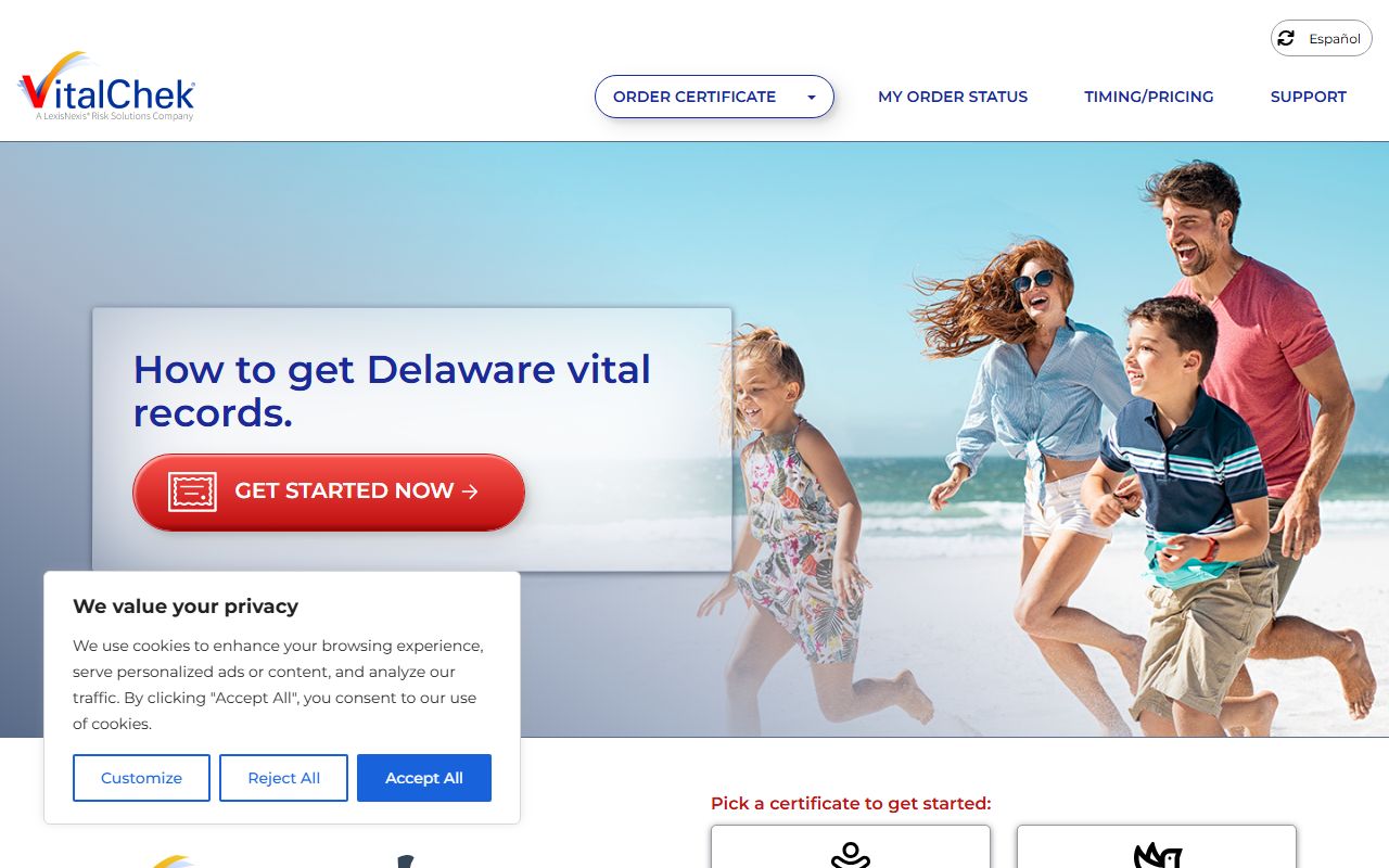 VitalChek Delaware death records online ordering page